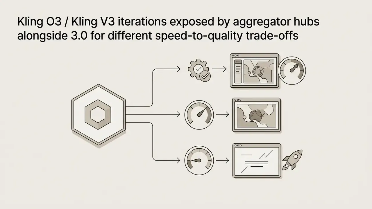 Hexagon icon branching into three paths with speedometers and browser windows showing model variations