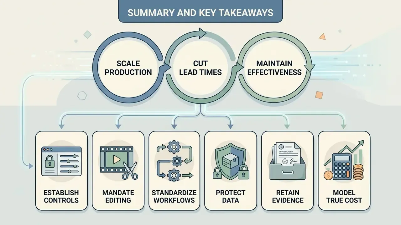 Circular process flow showing benefits of AI video creation linked to six essential operational steps