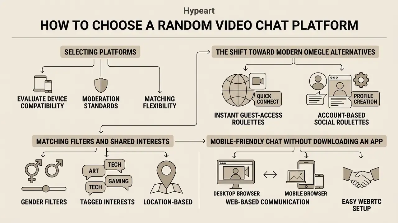 Flowchart comparing criteria for selecting a video chat with strangers platform and its key features