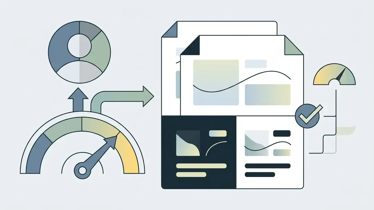 Speedometer gauge pointing to documents and a profile icon to represent asset validation and export