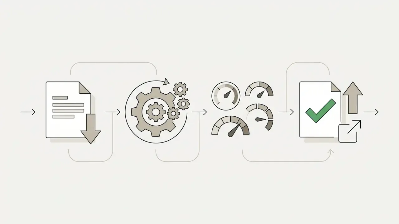 Document icons moving through gears and gauges to reach a final validated and exported file state