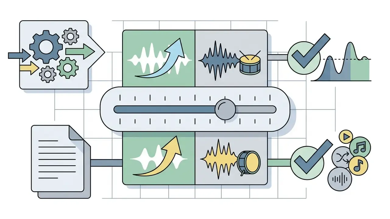 Slider interface adjusting vocal and drum audio waveforms to balance music track output