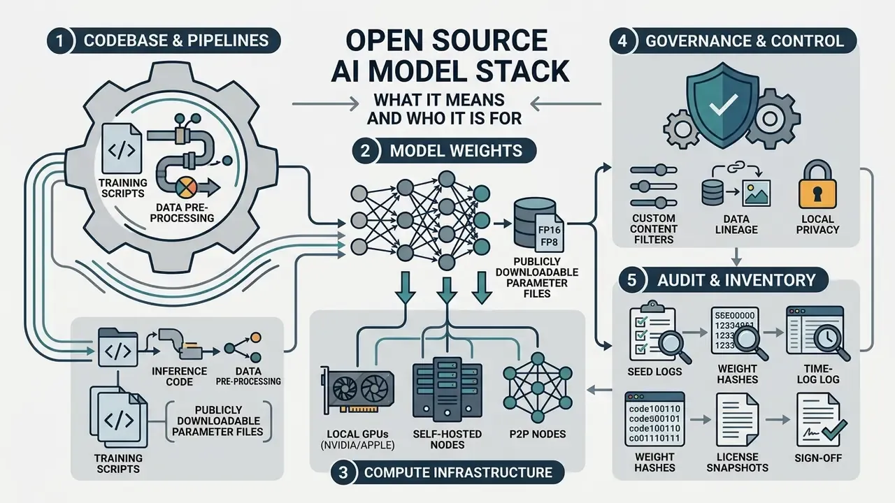 Diagram detailing the five core components of an open source AI model stack from code to audit logs