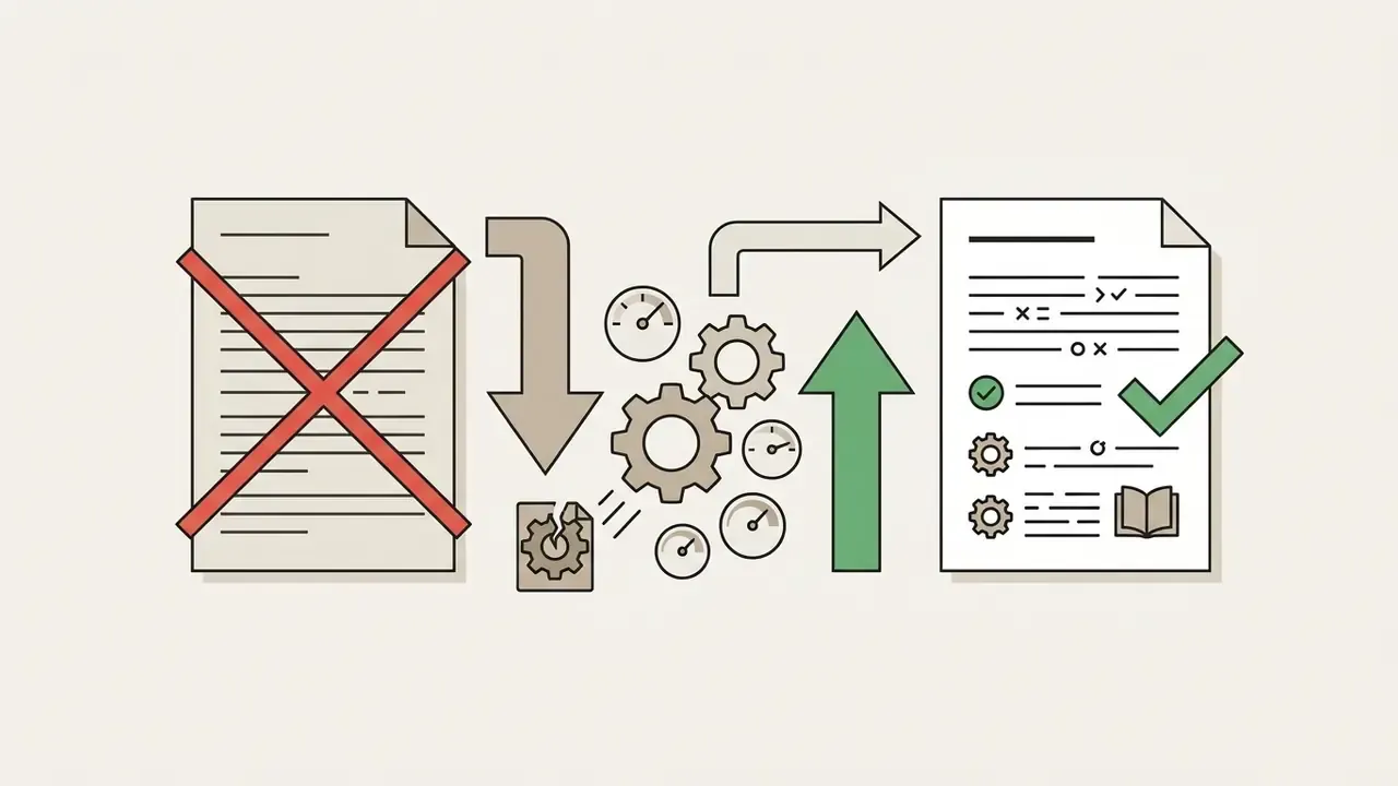 Document processing flow showing rejected input being refined through gears and gauges into approved output