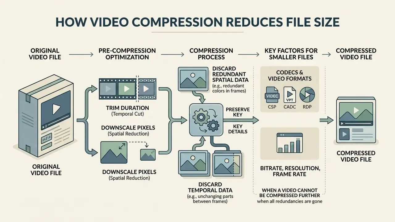 Flowchart detailing how video compression optimizes files by removing redundant data and adjusting settings