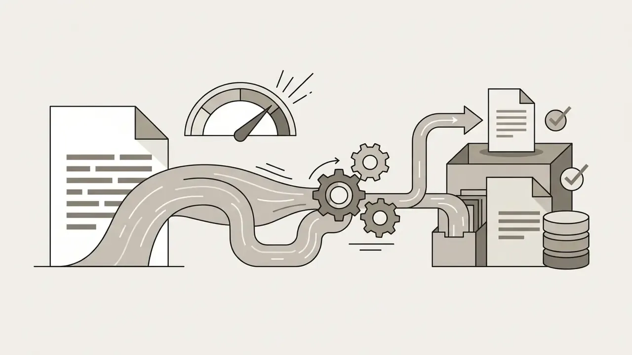 Data stream flowing through gears into storage containers with a speed gauge indicating high throughput
