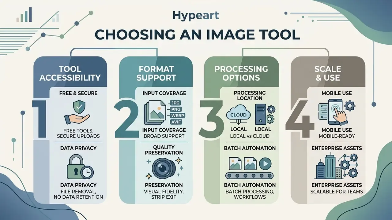 Four-step guide detailing considerations for selecting software to make an image file size smaller