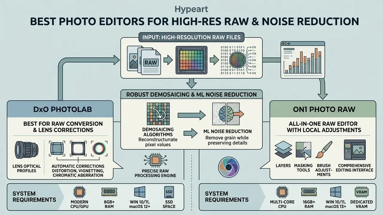 Flowchart comparing DxO PhotoLab and ON1 Photo RAW for processing high-resolution RAW image files