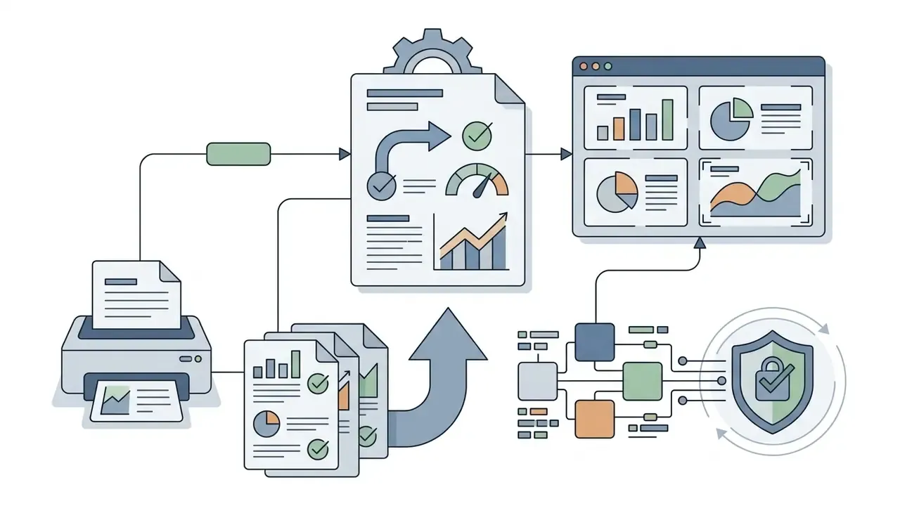 Printer output feeding into a document processing workflow with charts and a security shield icon