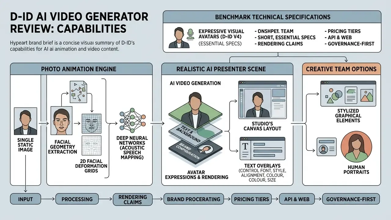 Infographic illustrating the D-ID AI video generator process from static image input to final scene rendering
