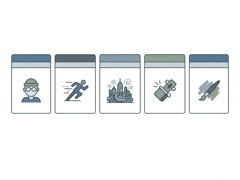 Five cards displaying icons for character, action, scene, twist, and style to create funny AI images