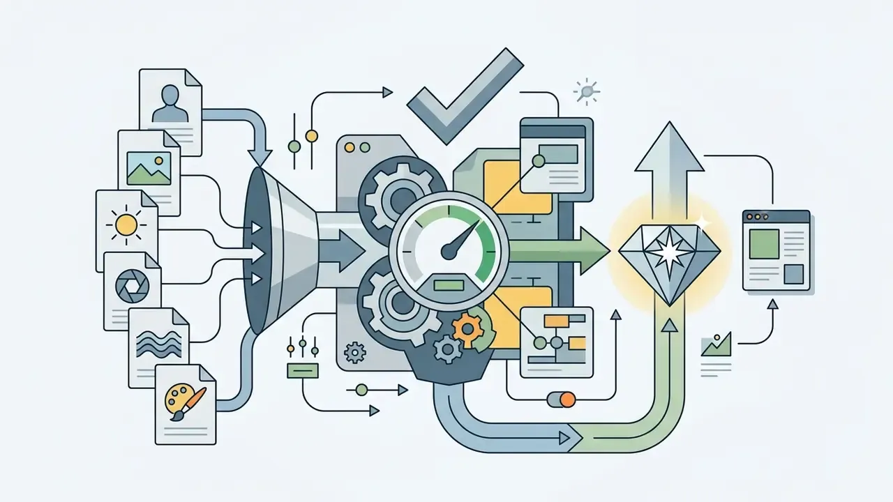 Icons representing prompt inputs feeding into a mechanical processor that outputs a polished diamond graphic