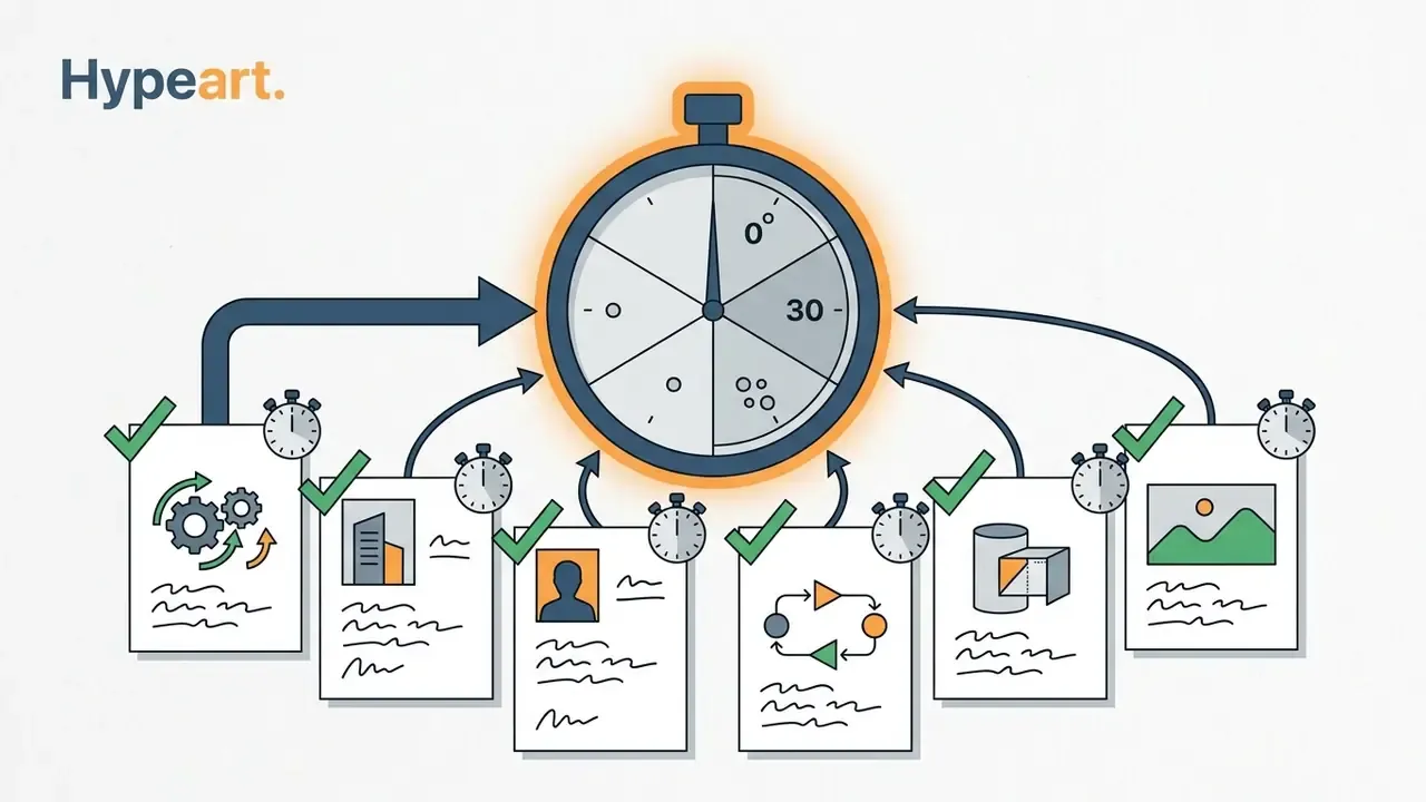 Stopwatch centered above six individual project documents representing a thirty minute review session