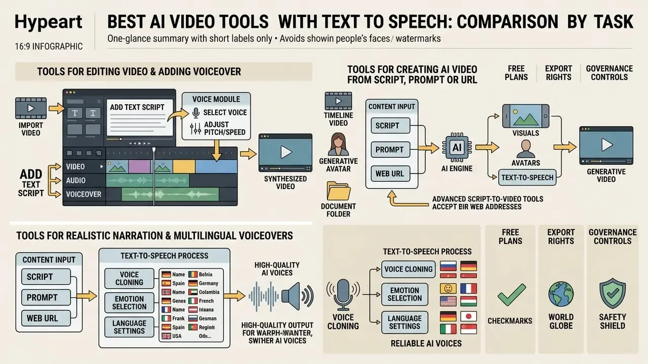 Infographic comparing AI video tools by task, showing workflows for editing, generative creation, and voiceovers