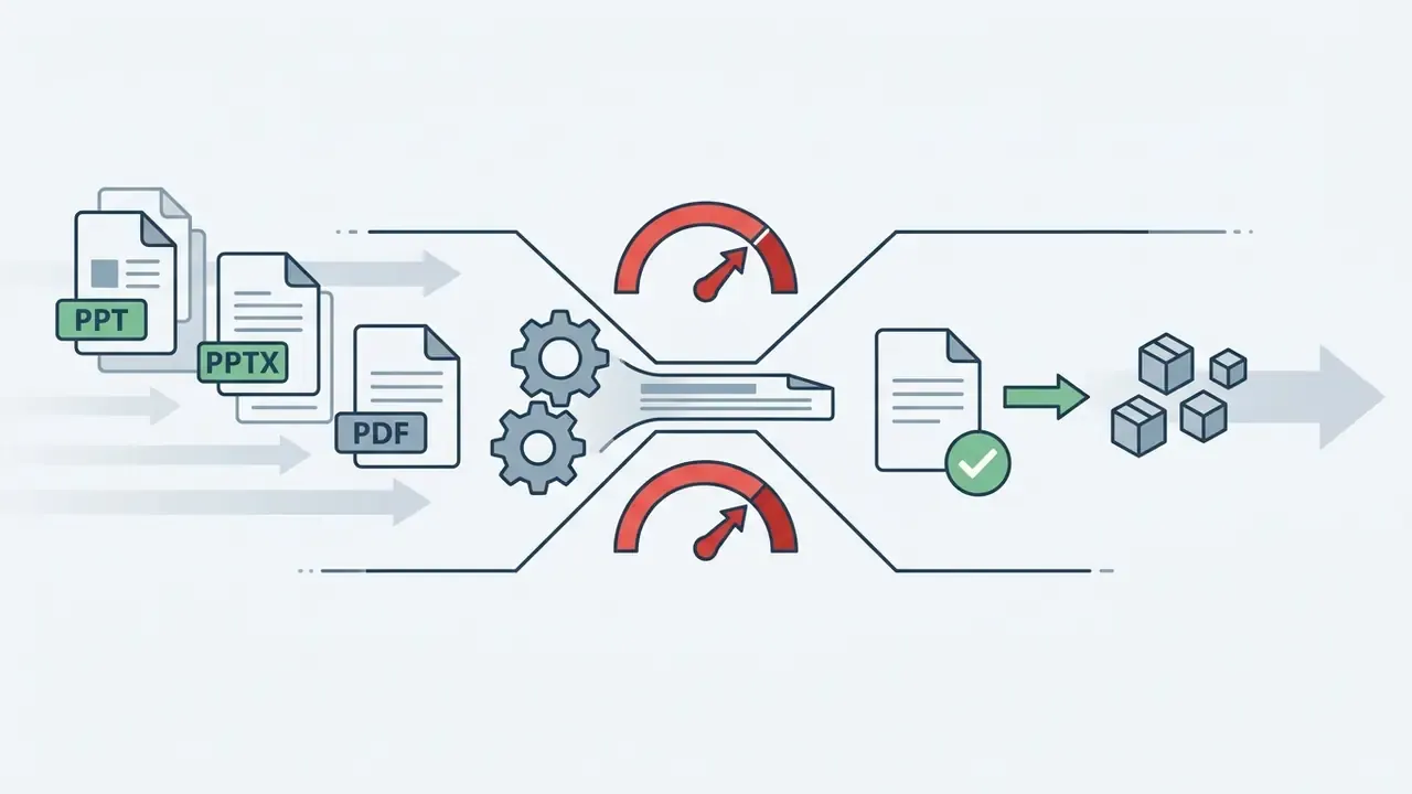 PPT, PPTX, and PDF files passing through a gear-driven compression bottleneck with speed indicators