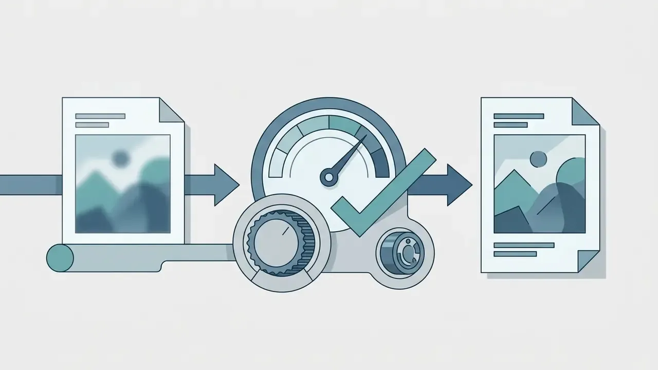 Photo file moving through a speedometer and manual adjustment dials toward a finished output document