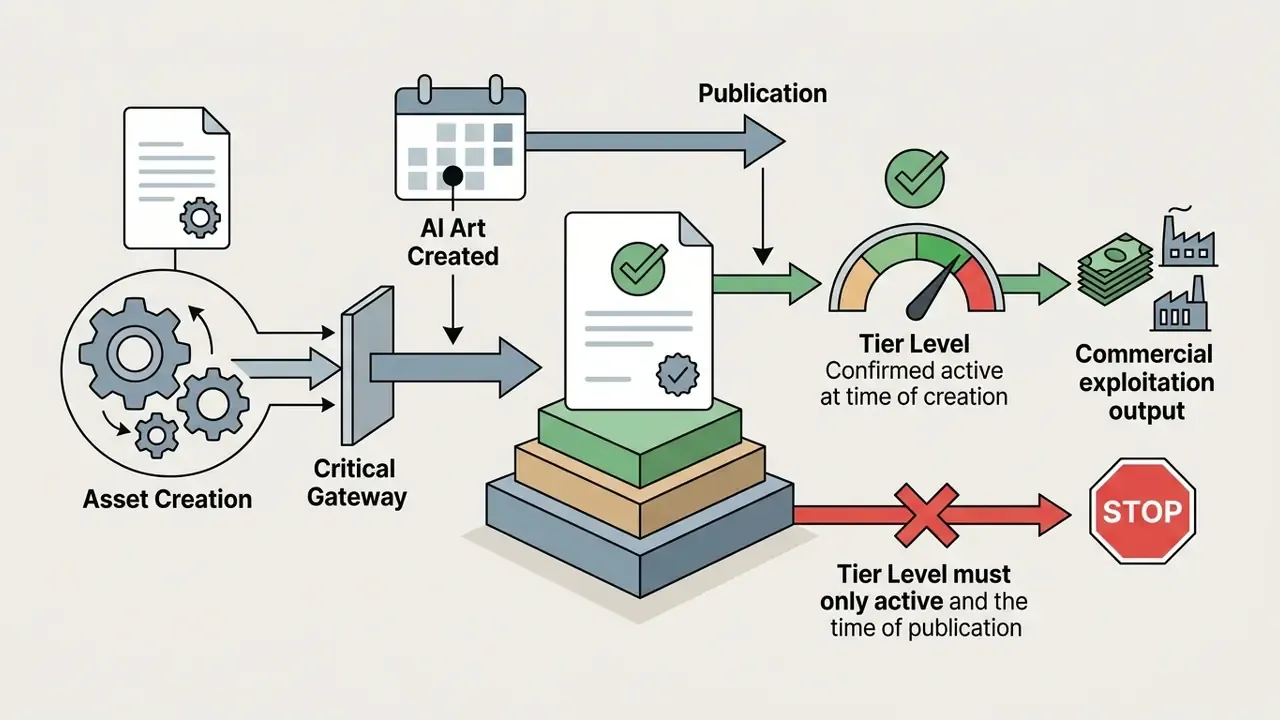 Workflow showing how subscription tier status at the time of asset creation impacts commercial rights