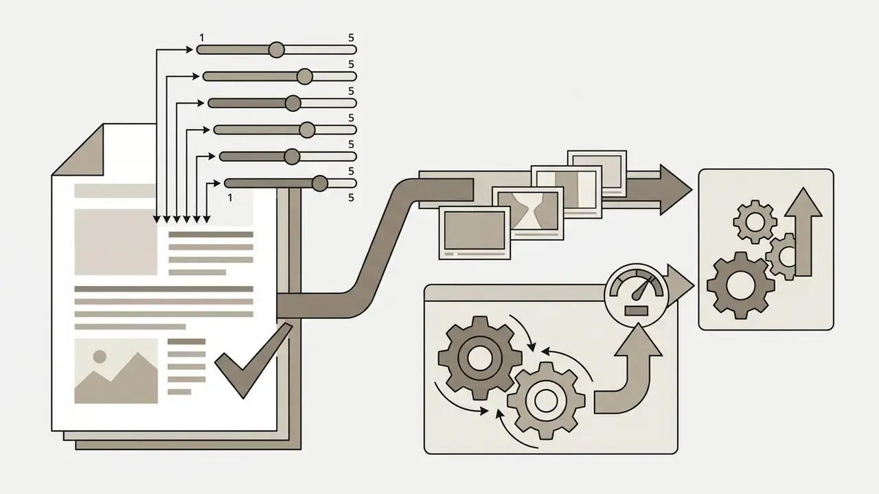 Document inputs adjusted by sliders flowing into processing gears and outputting to a tiered upgrade path