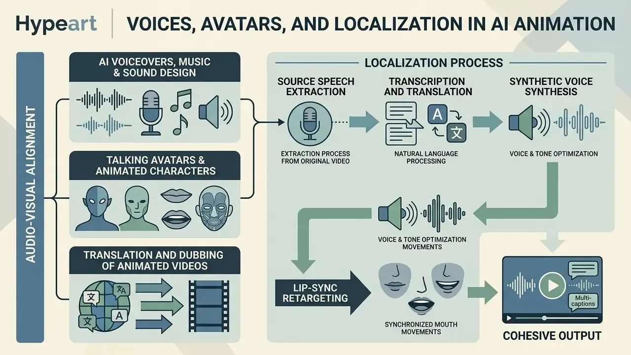 Diagram showing the workflow for audio-visual alignment and localization in text to animation AI