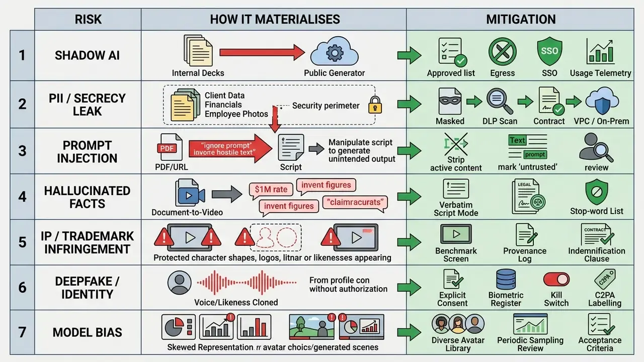 Table outlining seven security risks in generative media workflows alongside corresponding mitigation strategies