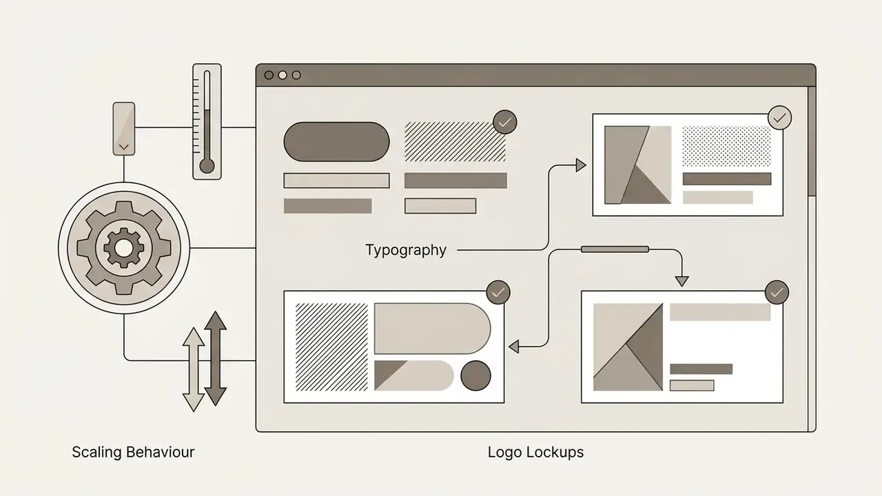 Gear icon connected to a browser window showing typography settings and logo lockup variations