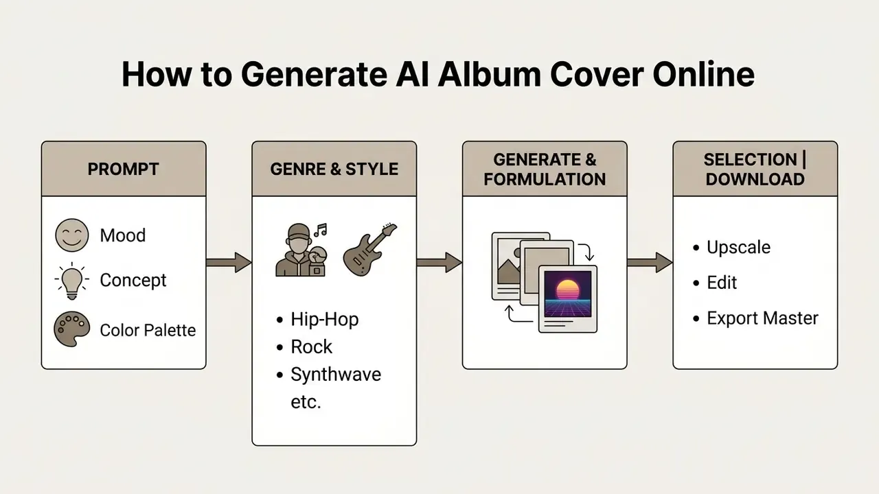 Step-by-step diagram showing the workflow to create music artwork using an AI album cover generator