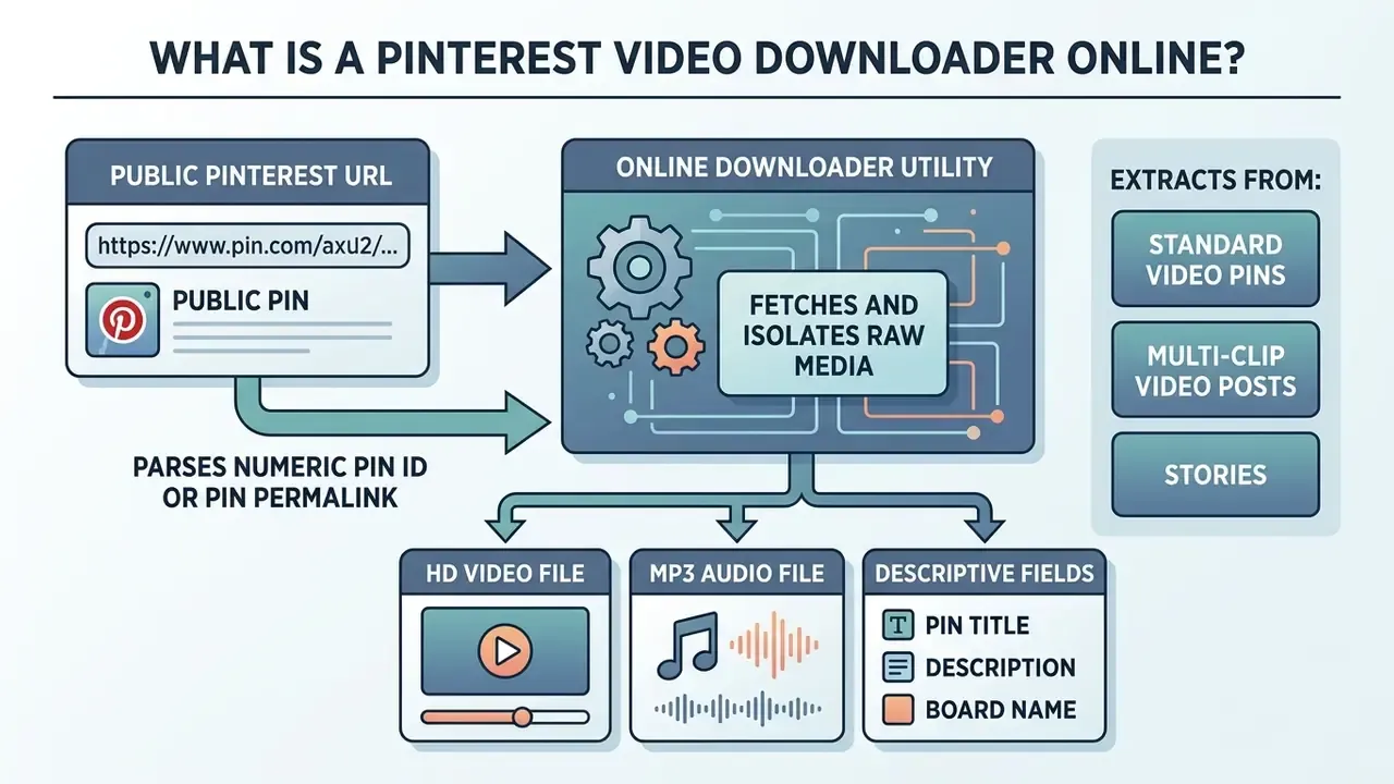 Flowchart showing how a Pinterest video downloader online parses a URL to extract media and metadata