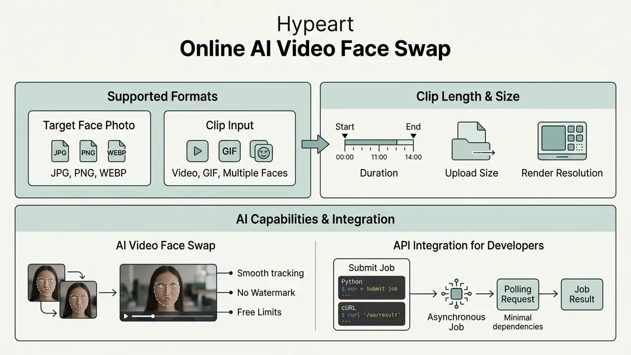 Technical summary of file formats, clip duration, AI tracking features, and API integration workflows