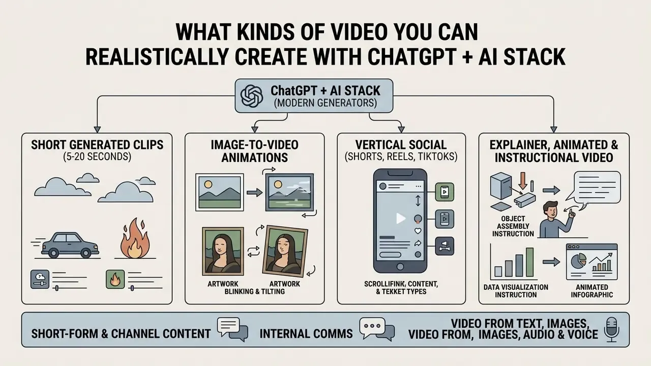 Diagram categorizing four types of video content generated by ChatGPT and an AI stack