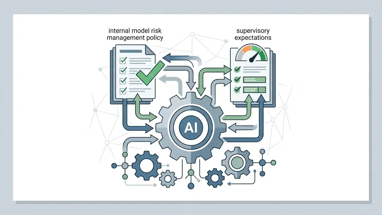 Central AI gear connecting policy documents and supervisory metrics via a complex network of arrows