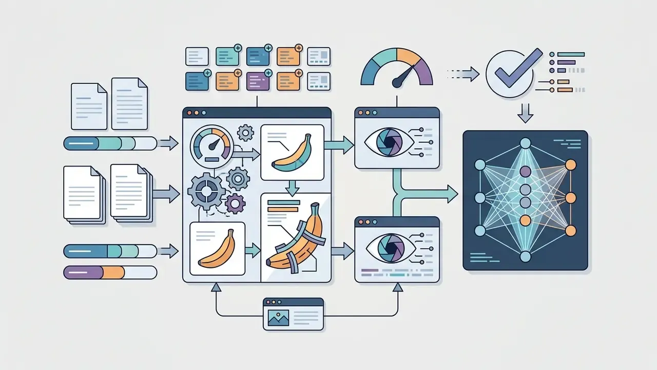 Diagram showing data inputs processing through gears and banana icons into neural network model structures