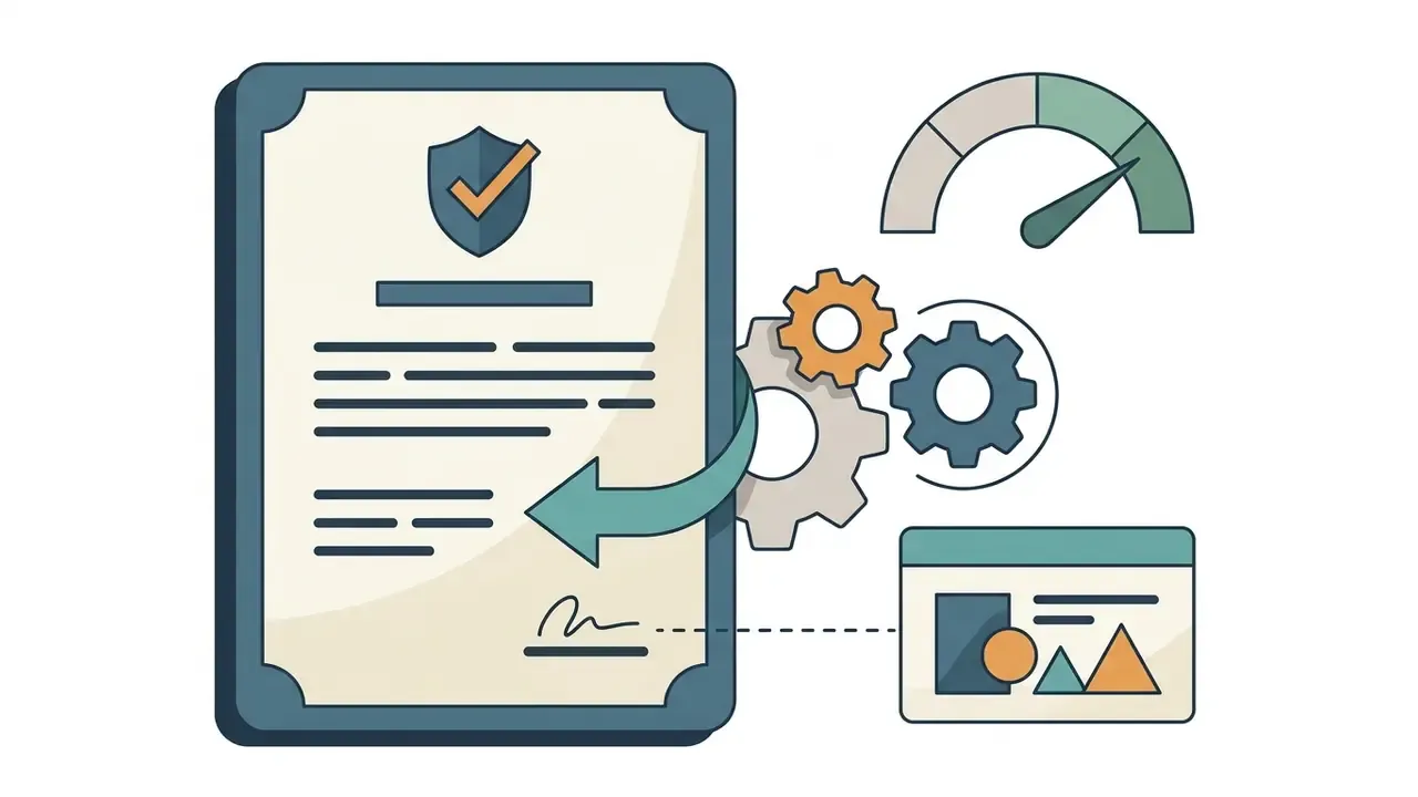Legal document with a shield icon connected to mechanical gears and a dashboard gauge for risk assessment