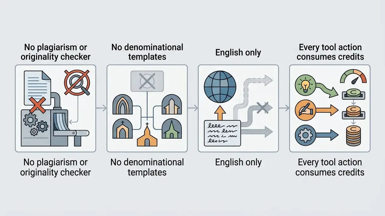 Four sequential boxes showing limitations like missing checks, lack of templates, language, and credit costs