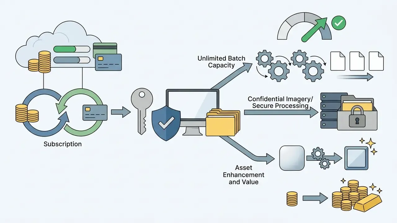 Subscription model transitioning through a key to desktop software for batch processing and secure storage