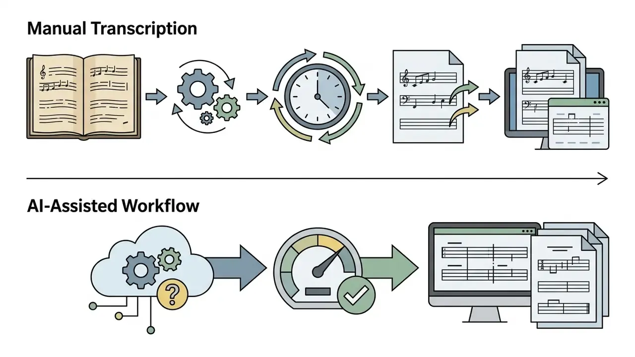 Linear progression from time-consuming manual music notation to rapid cloud-based digital output