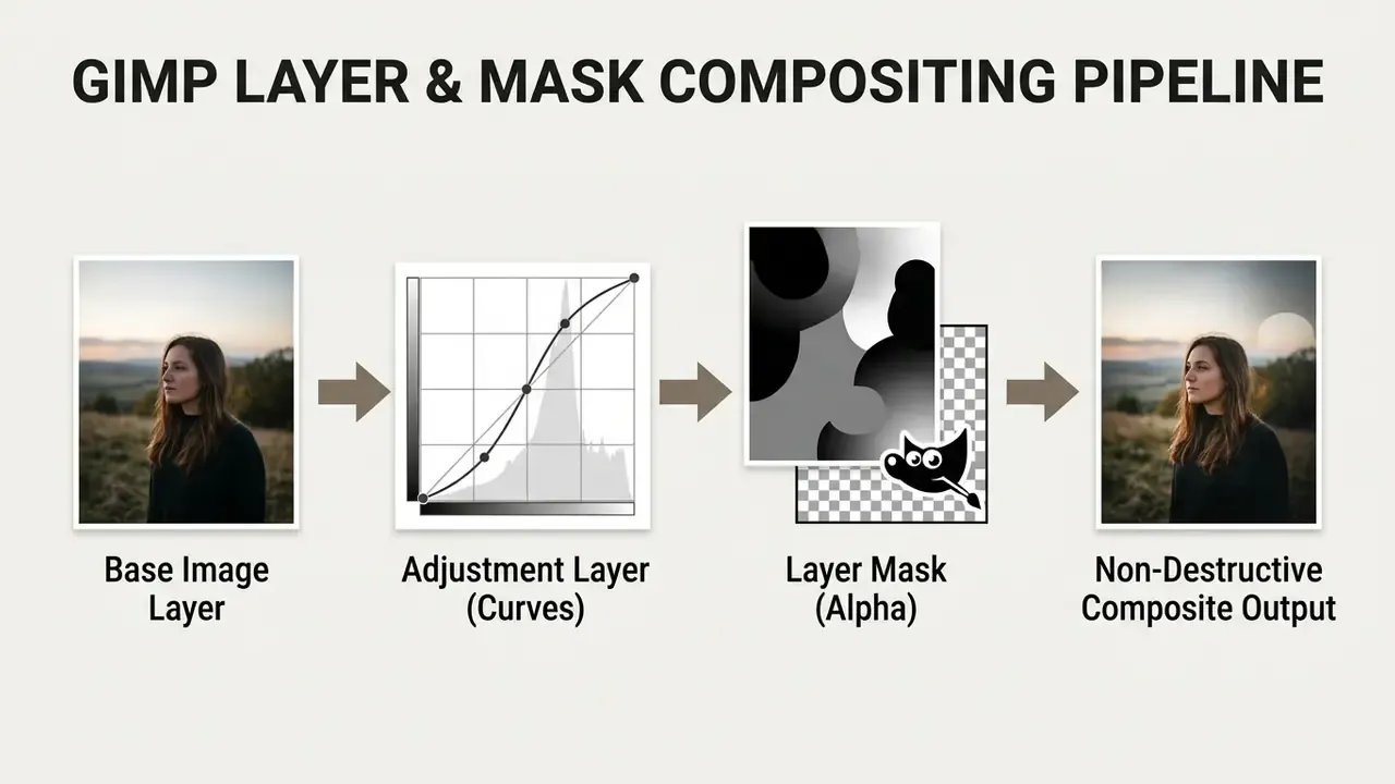 Step-by-step workflow diagram showing a base image processed through curves and masks to a final output