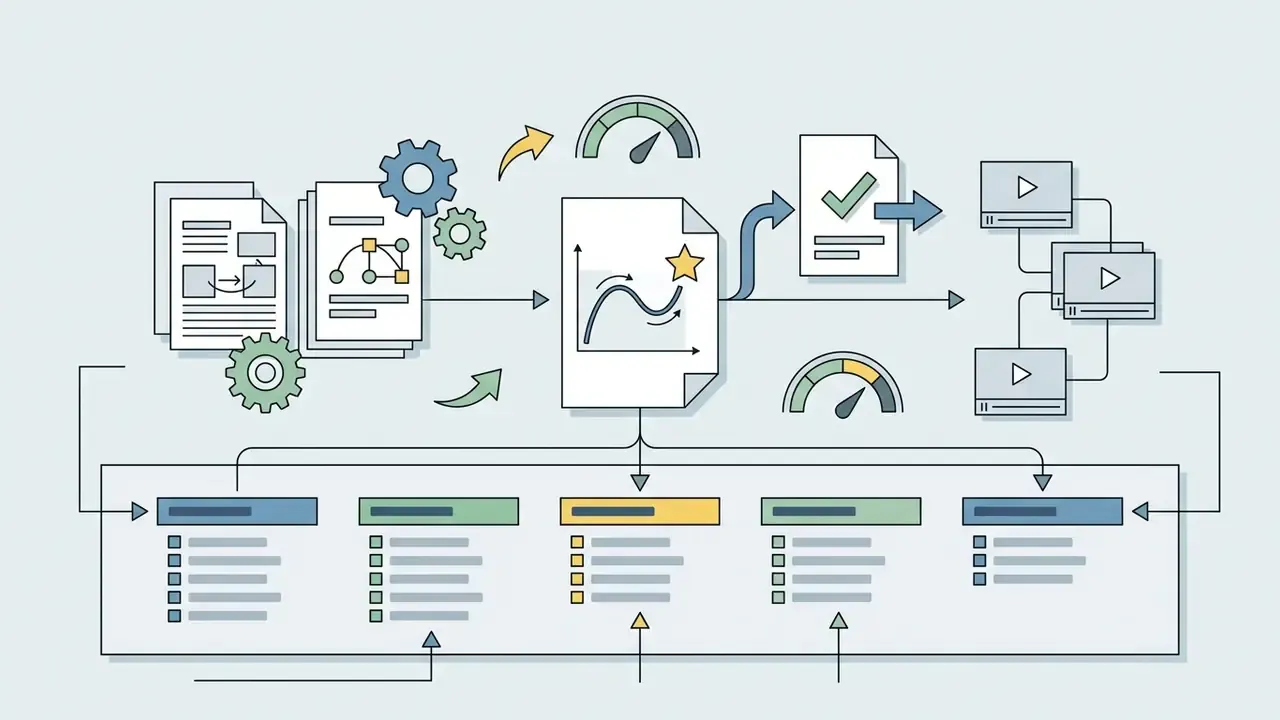 Workflow showing document processing and data analysis leading to video content distribution