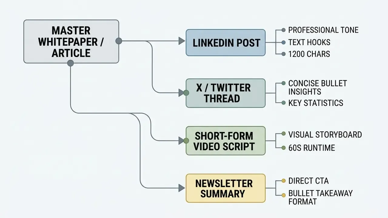 Flowchart showing a master whitepaper branching into LinkedIn, Twitter, video, and newsletter formats