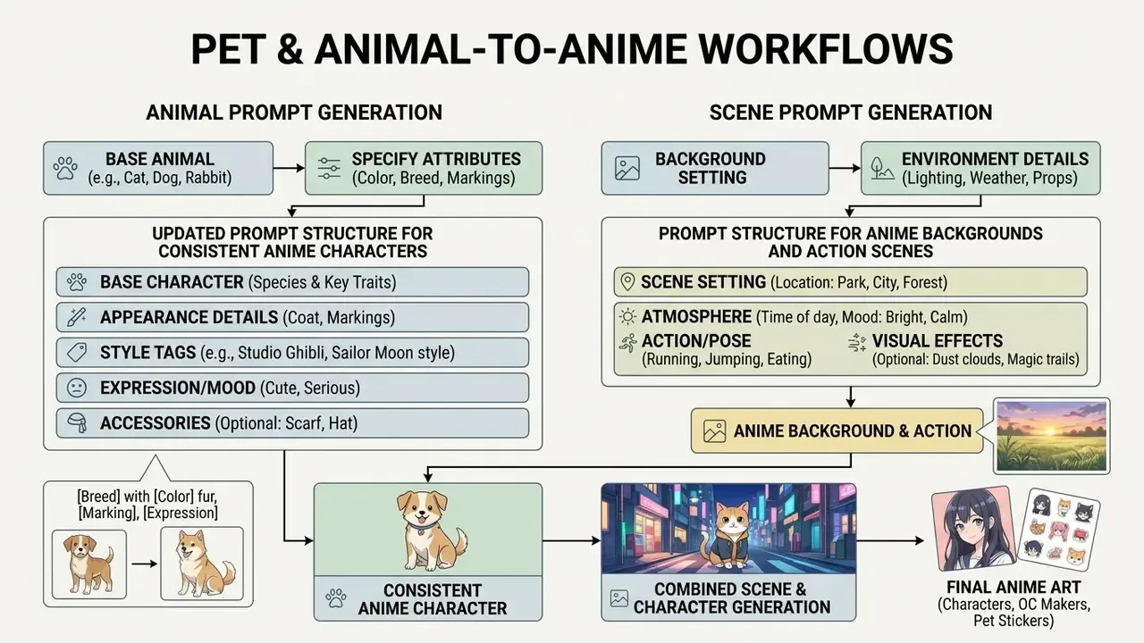 Flowchart showing prompt structures for creating consistent anime pets and backgrounds with AI