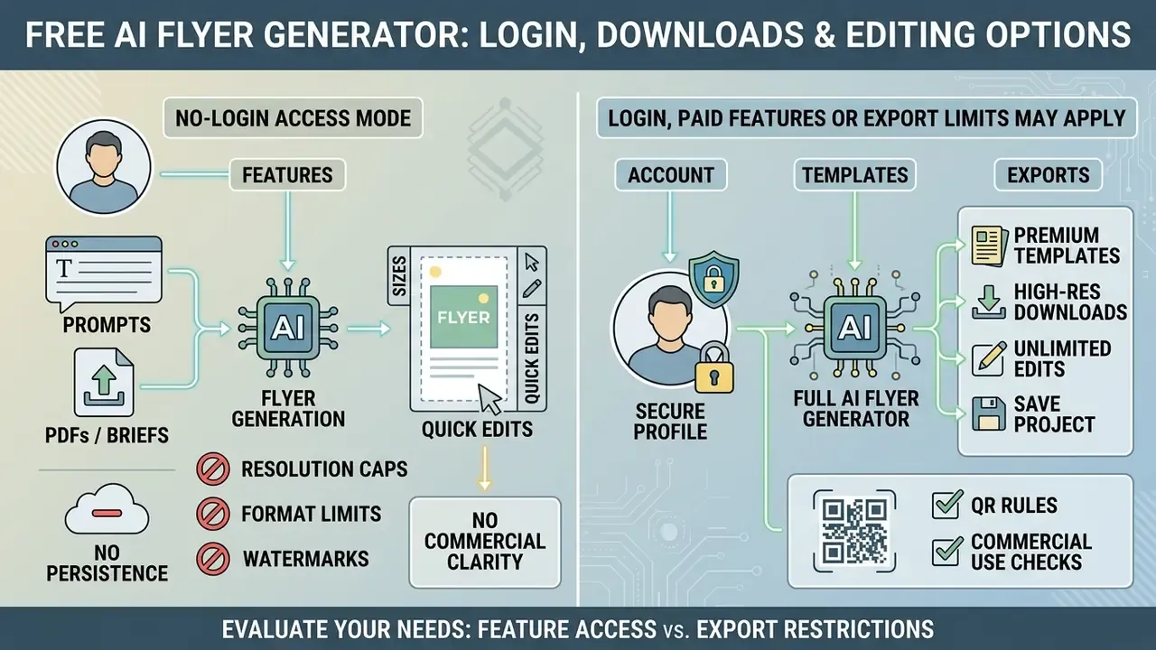 Comparison chart contrasting no-login access limitations with premium account features and export options