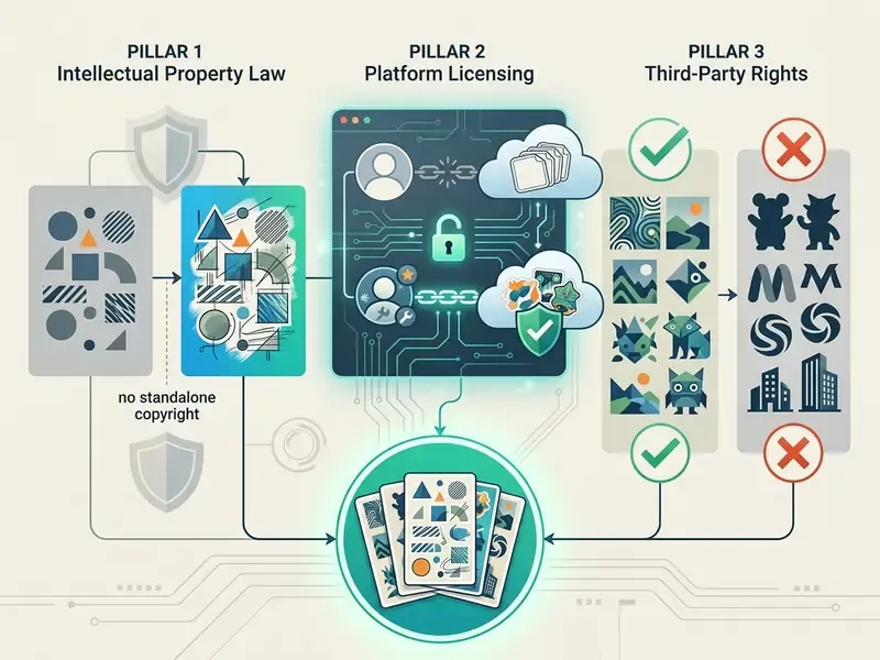 Three pillars showing legal requirements for commercial AI sticker generation including IP and licensing