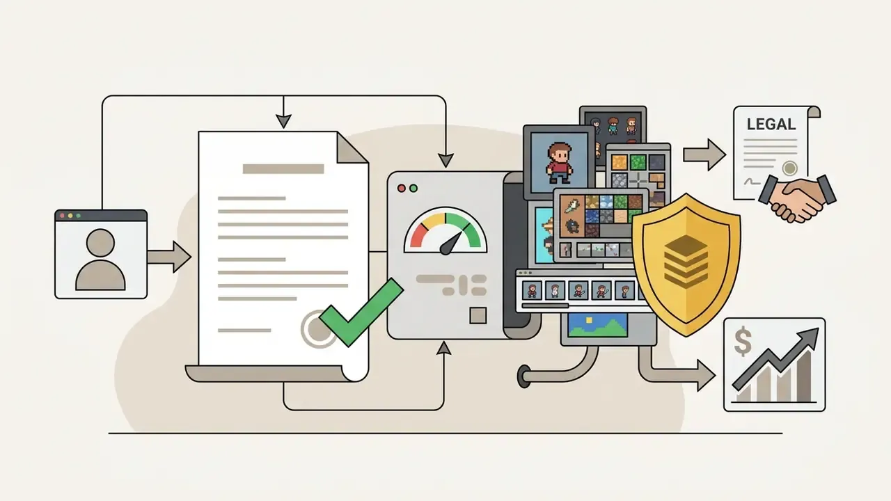 User profile connecting to legal documents and pixel assets protected by a shield for commercial growth