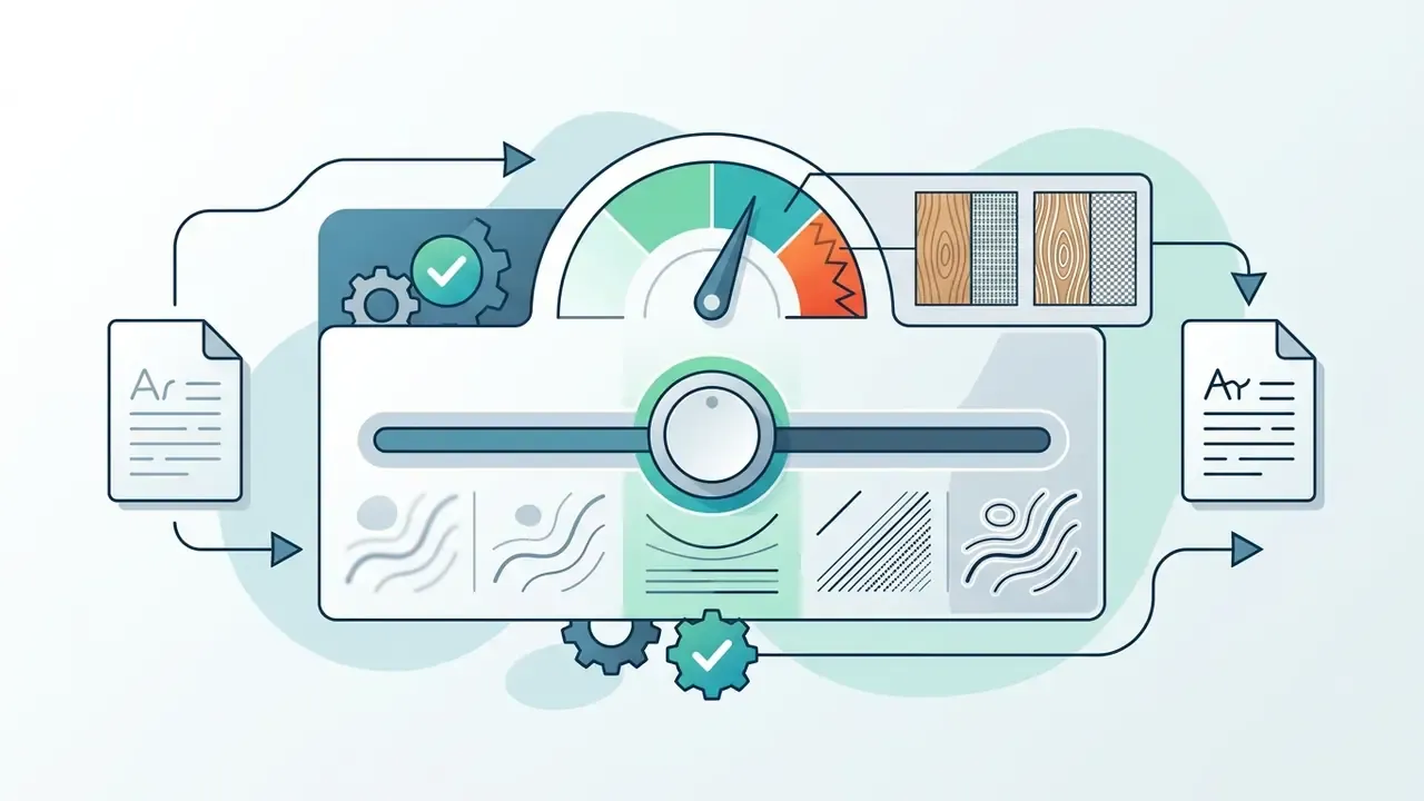 Control panel with a gauge and slider for adjusting texture and detail settings on a document
