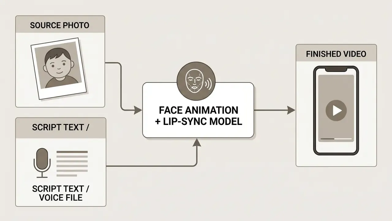 Flowchart showing how a source photo and audio script are processed into an animated video