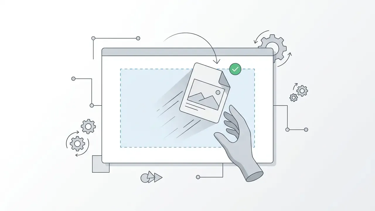 Hand dragging a file icon onto a digital canvas surrounded by gear icons
