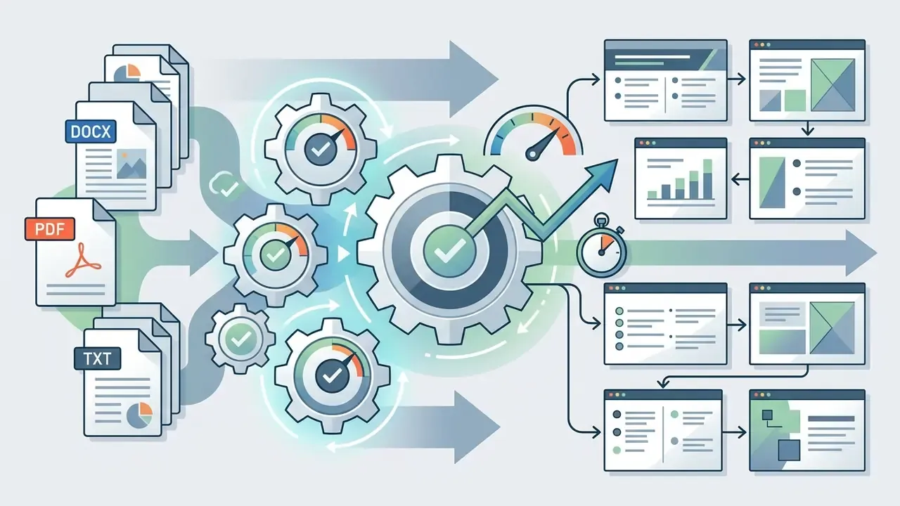 DOCX, PDF, and TXT files moving through a gear system to create structured presentation slide layouts