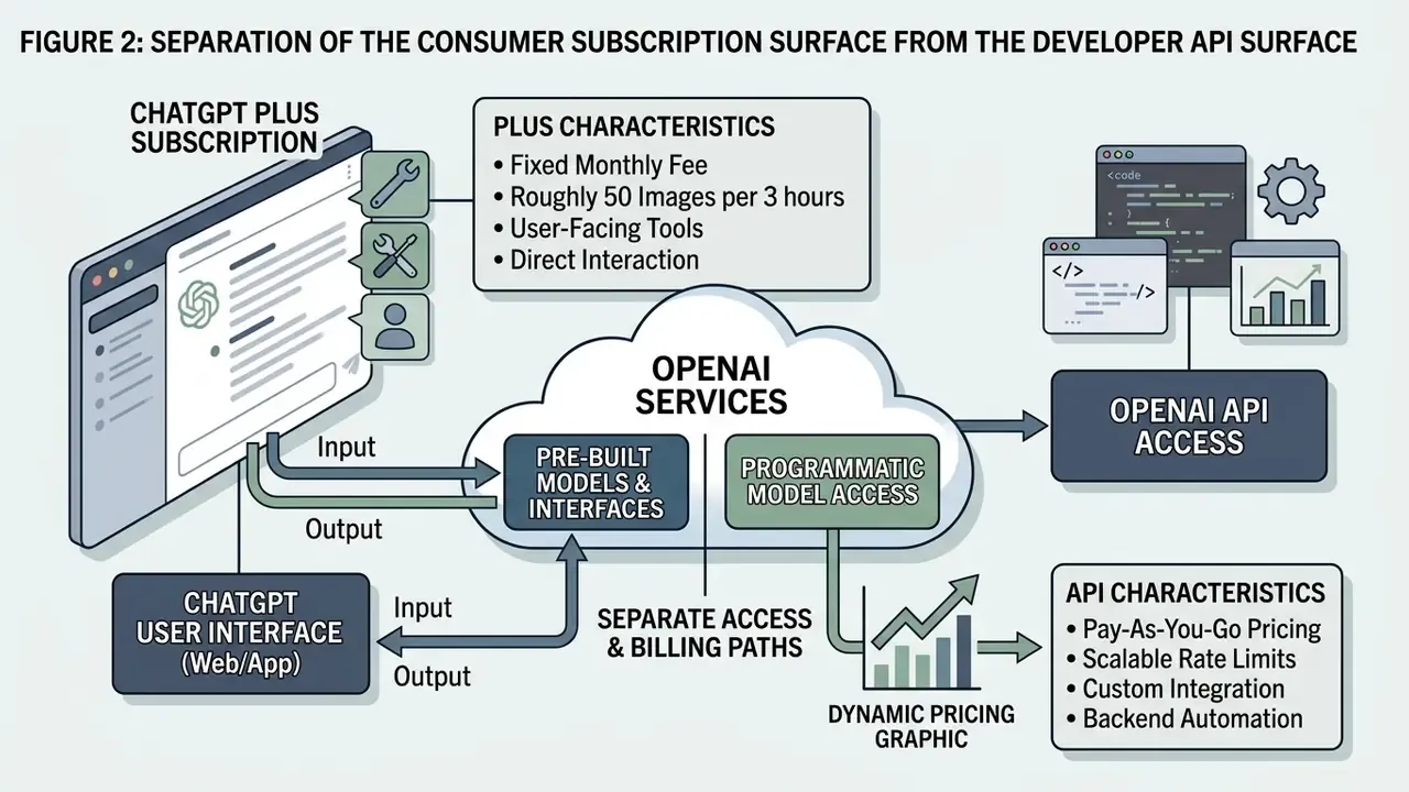 Schematic showing the distinct operational and billing paths for ChatGPT Plus versus OpenAI API access