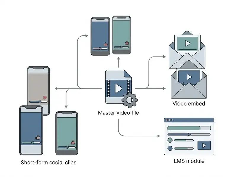 Central master video file branching into social media clips, email embeds, and LMS training modules