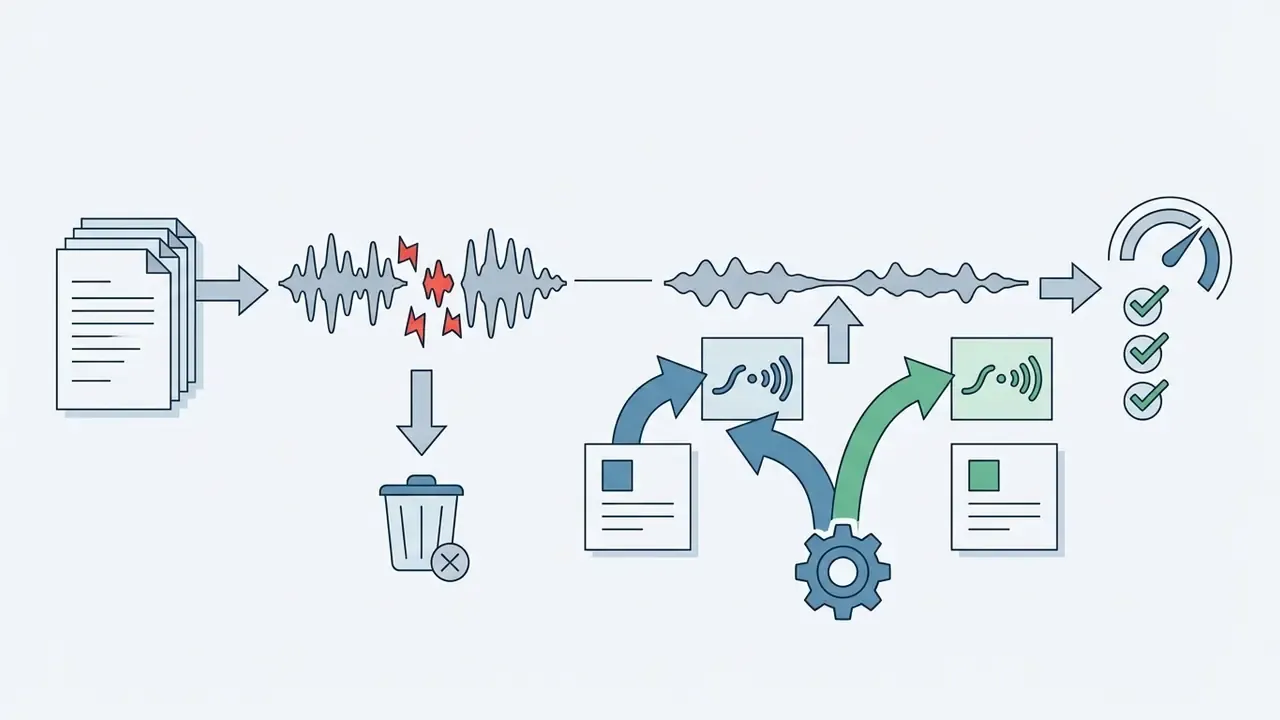 Process of cleaning audio glitches and inserting deliberate pauses to create a podcast with AI