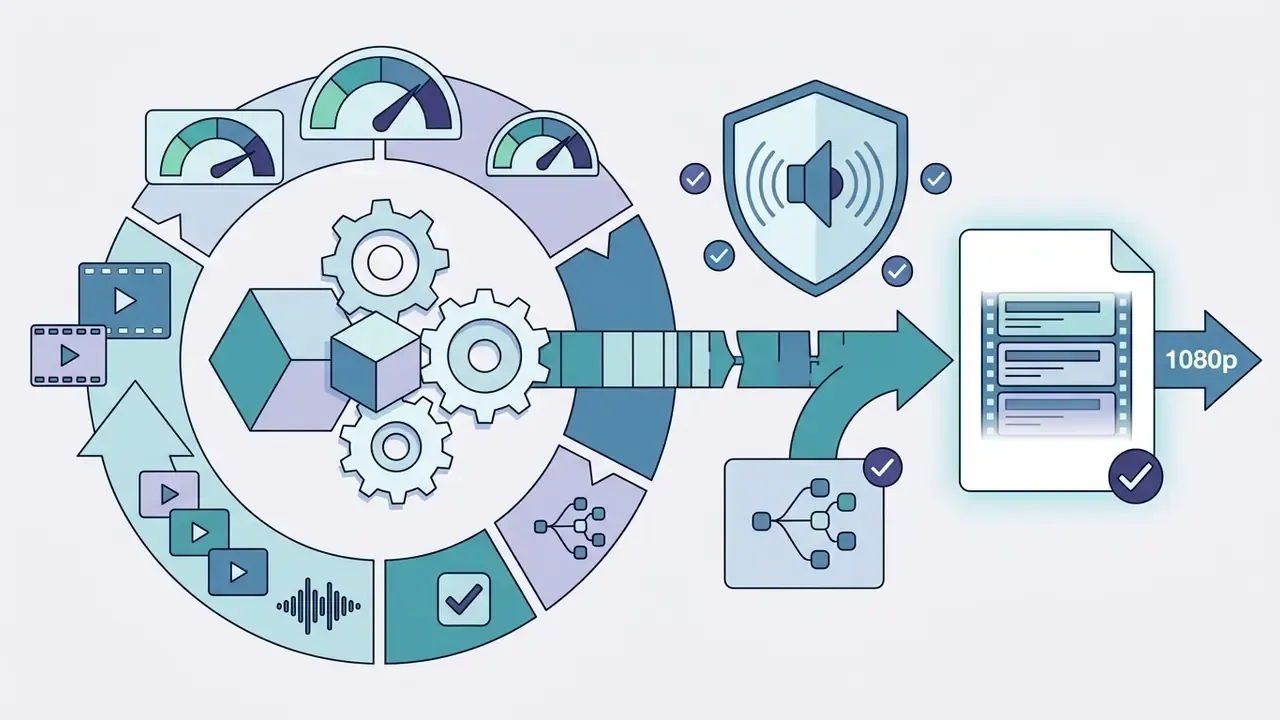 Media clips entering a circular gear system to be processed into a single 1080p video file